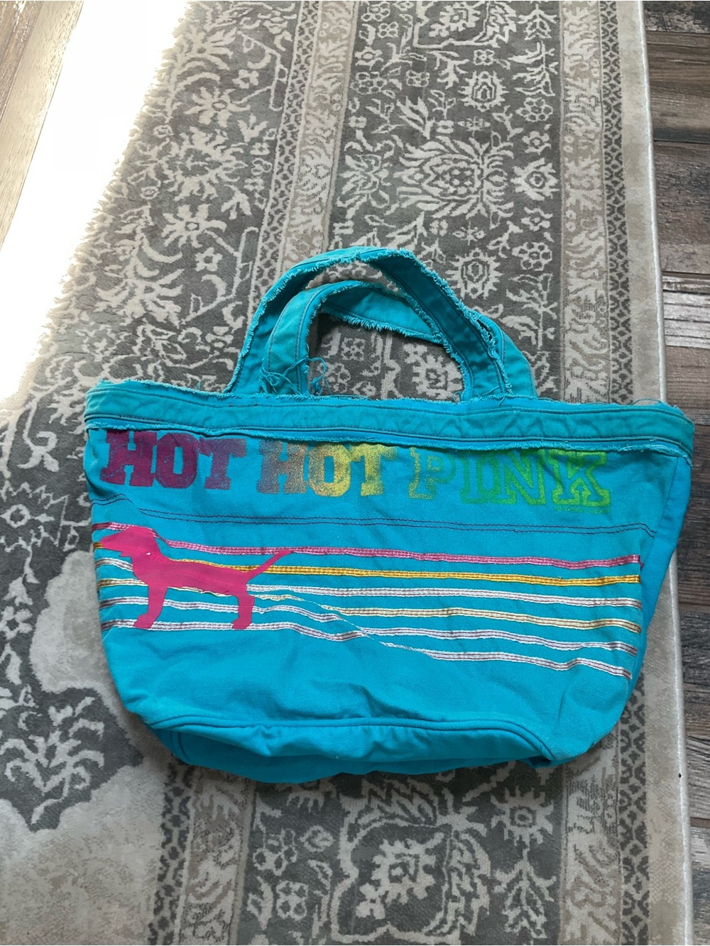 PINK Victoria's Secret Turquoise Canvas Tote with Neon Pink Dog Accents Vintage